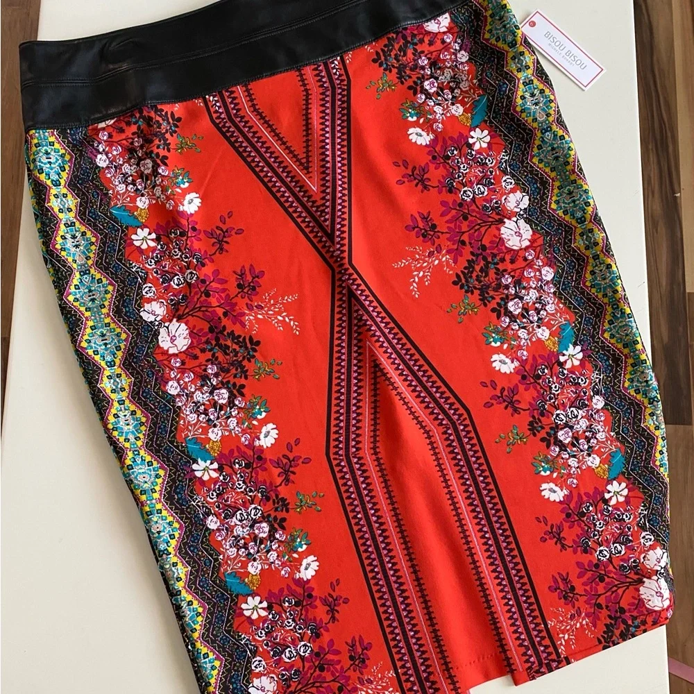 Bisou Bisou Orange Black Embellished Midi Skirt - Picture 2 of 8